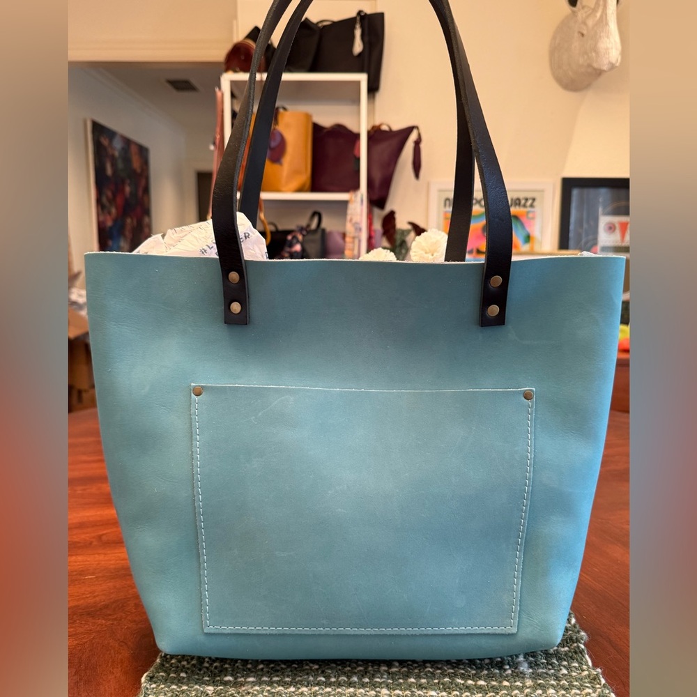 Large Happy Teal Classic Tote Bag Portland Leather Goods